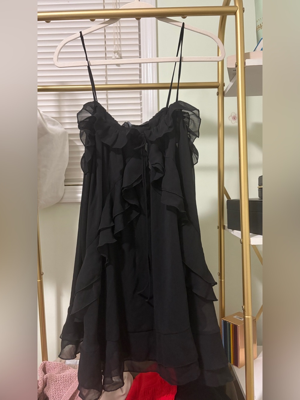 Lioness NWT Ethereal Ruffle Tiered Chiffon Cami Mini Dress Obsidian Black - S
